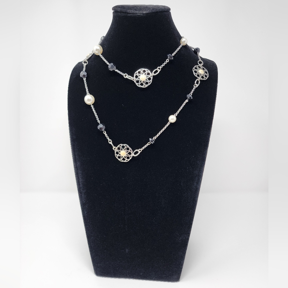 Lia Sophia Floral Black Bead Silver Tone Necklace